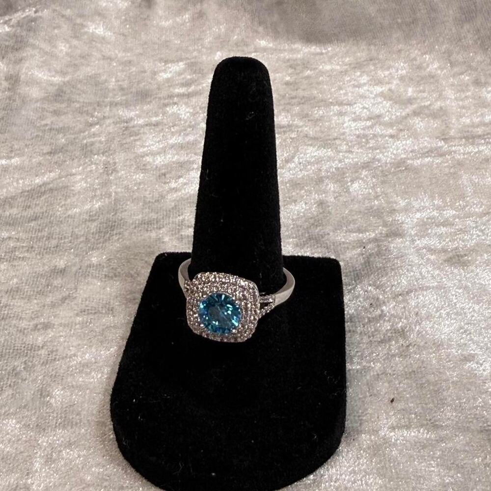 Y2K Blue CZ Halo Ring | Silver Plated Stainless Steel | Statement Ring Size 7